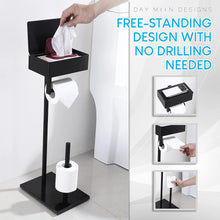 Load image into Gallery viewer, Free Standing Black Toilet Paper Holder with Storage
