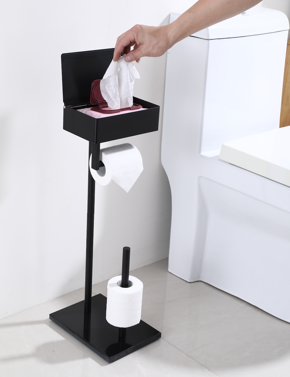 Free Standing Black Toilet Paper Holder with Storage