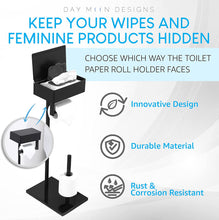 Load image into Gallery viewer, Free Standing Black Toilet Paper Holder with Storage
